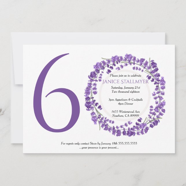 Invitación Fiesta de cumpleaños número 60, flores de lavanda (Anverso)