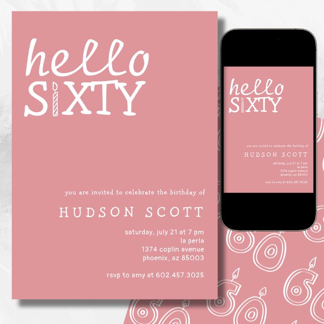 Invitación Fiesta de cumpleaños número 60 Hola 60 rosado mode (Subido por el creador)