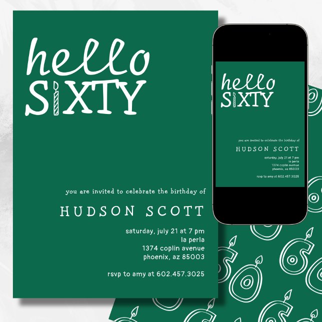Invitación Fiesta de cumpleaños número 60 Hola 60 verde moder (Subido por el creador)