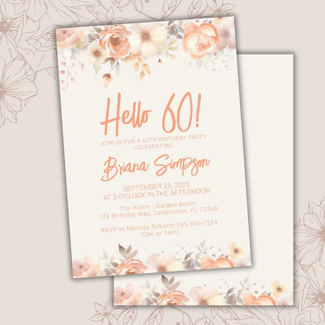 Invitación Fiesta de cumpleaños número 60 melocotón beige flo (Subido por el creador)