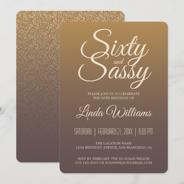Invitación Fiesta de cumpleaños número 60 Ombre Oro Dorado (Anverso / Reverso)