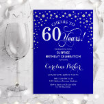 Invitación Fiesta de cumpleaños número 60 - Plata azul real<br><div class="desc">Sorpresa 60.ª Invitación a la fiesta de cumpleaños. Elegante diseño en azul real y purpurina falso plateado. Presenta el tipo de letra de guión y los diamantes confetti. ¡Salud a 60 años! Mándame un mensaje si necesitas más personalización.</div>