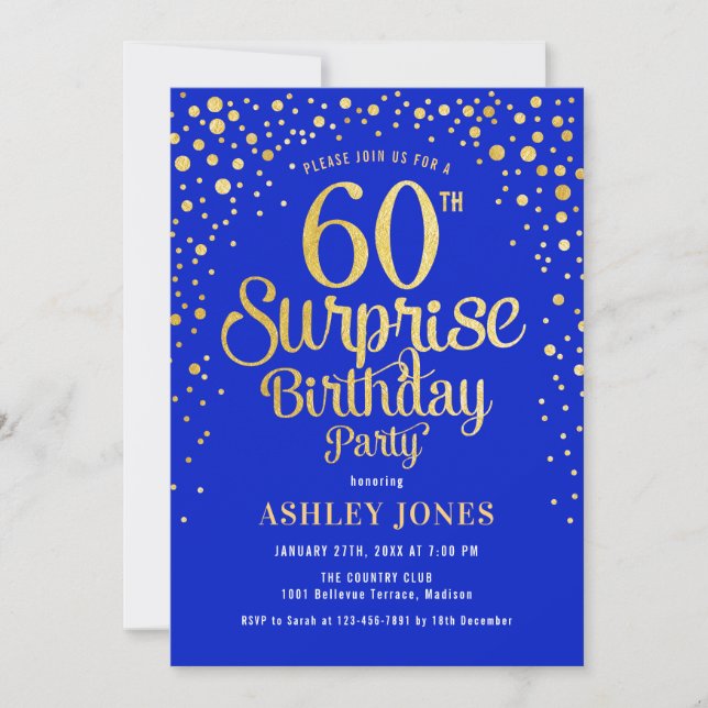 Invitación Fiesta de cumpleaños número 60 - Royal Blue & Gold (Anverso)