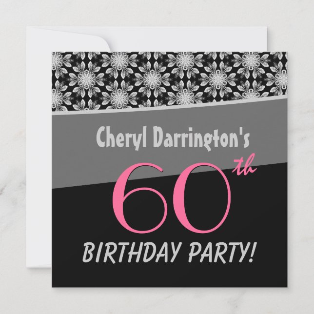 Invitación Fiesta de cumpleaños número 60 Silver y Black Flor (Anverso)
