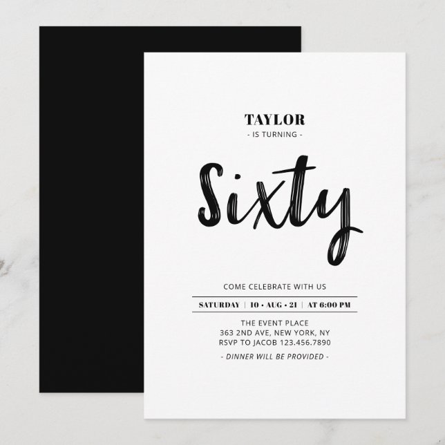 Invitación Fiesta de cumpleaños número 60 simple en blanco y  (Anverso / Reverso)