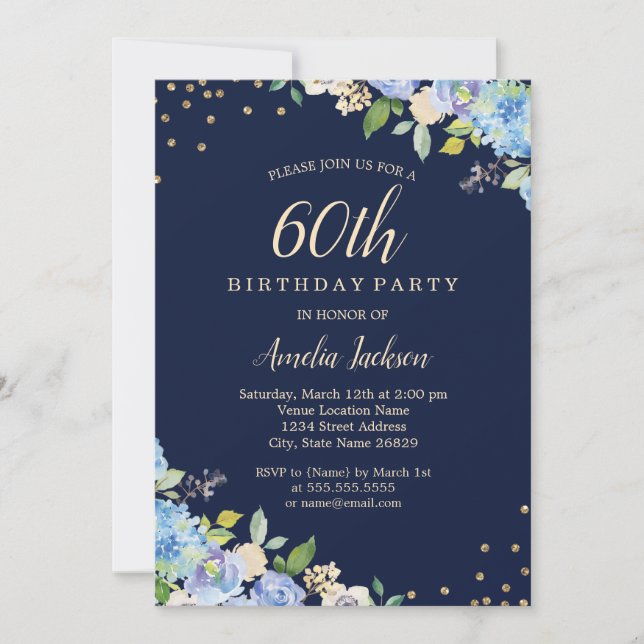 Invitación Fiesta de cumpleaños número 60 Sparkle Floral Azul (Anverso)