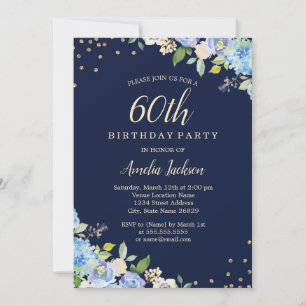 Invitación Fiesta de cumpleaños número 60 Sparkle Floral Azul