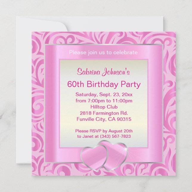 Invitación Fiesta de cumpleaños número 60| Verder rosa, plate (Reverso)