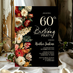 Invitación Fiesta de cumpleaños número 60 Vibrante Floral Neg