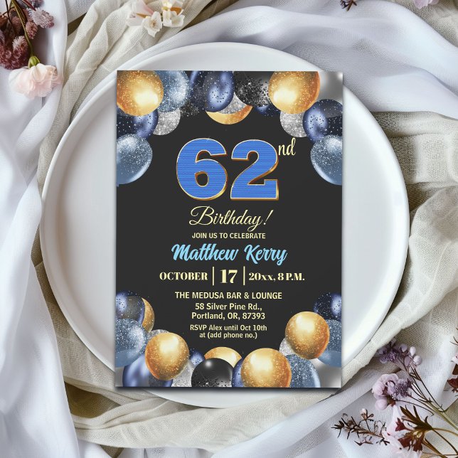Invitación Fiesta de cumpleaños número 62 elegante azul plata (Subido por el creador)