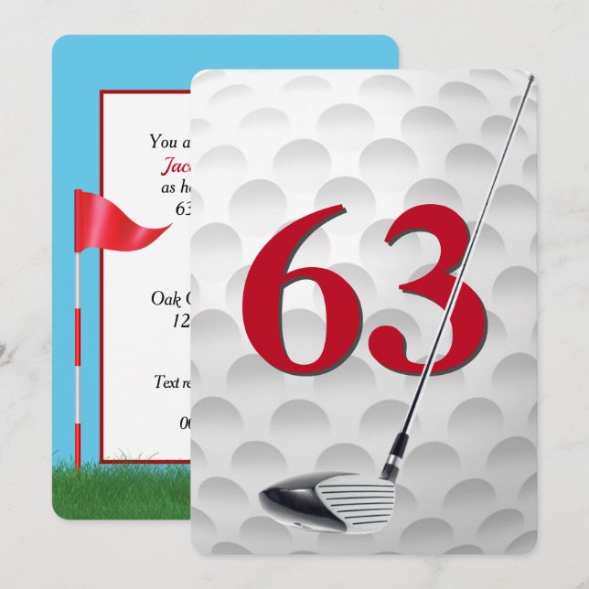 Invitación Fiesta de cumpleaños número 63 con tema de golf (Anverso / Reverso)