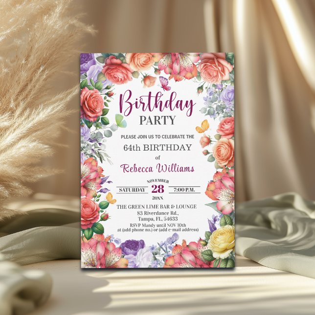 Invitación Fiesta de cumpleaños número 64 con flores elegante (Subido por el creador)