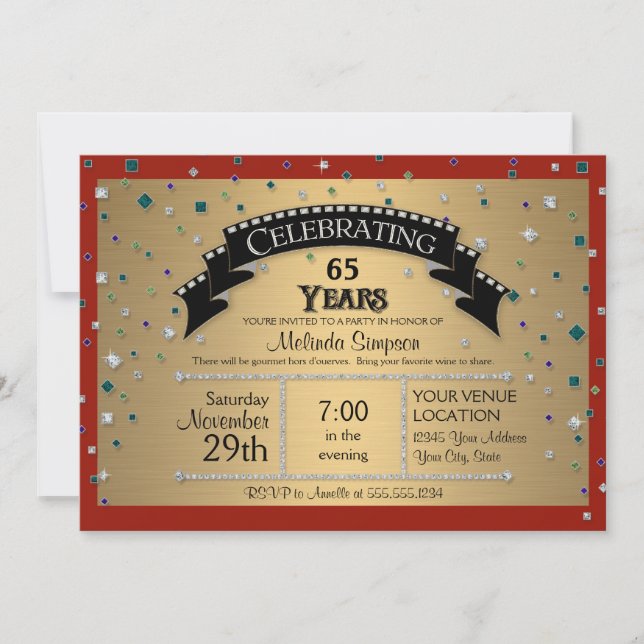 Invitación Fiesta de cumpleaños número 65 celebra Faux Jewel  (Anverso)
