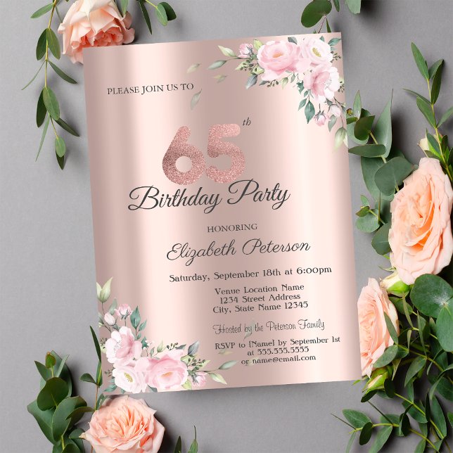 Invitación Fiesta de cumpleaños número 65 Chic Pink Floral Ro (Subido por el creador)
