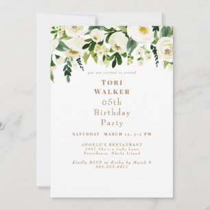 Invitación Fiesta de cumpleaños número 65 con flores blancas 