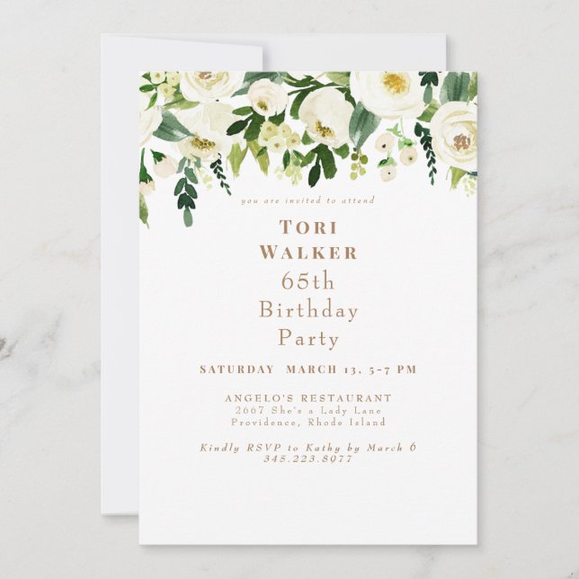 Invitación Fiesta de cumpleaños número 65 con flores blancas  (Anverso)