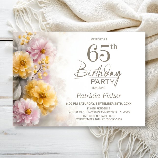 Invitación Fiesta de cumpleaños número 65 con flores rosas y  (Subido por el creador)
