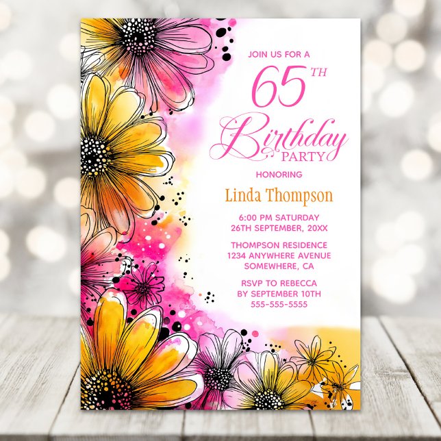 Invitación Fiesta de cumpleaños número 65 con flores rosas y  (Subido por el creador)