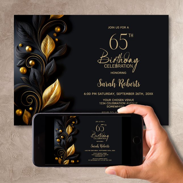 Invitación Fiesta de cumpleaños número 65 con hojas negras y  (Subido por el creador)