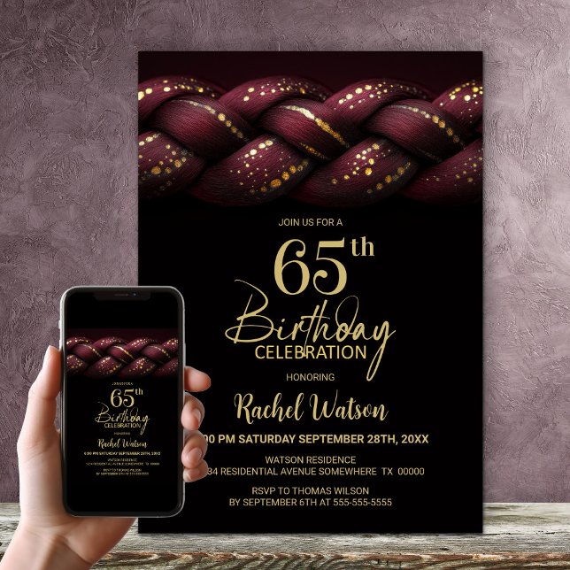 Invitación Fiesta de cumpleaños número 65 de Burgundy Gold Br (Subido por el creador)