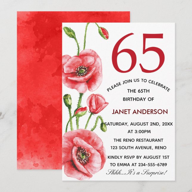 Invitación Fiesta de cumpleaños número 65 de Flanders Poppy W (Anverso / Reverso)