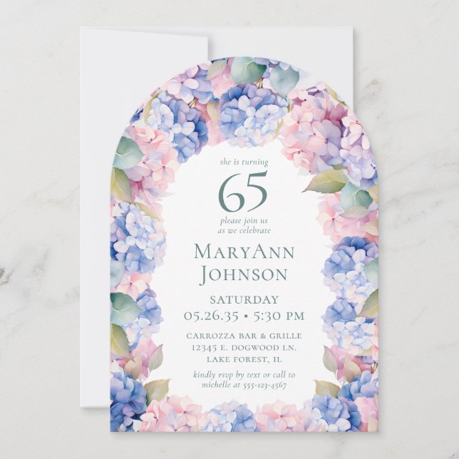 Invitación Fiesta de cumpleaños número 65 de Hydrangeas (Anverso)