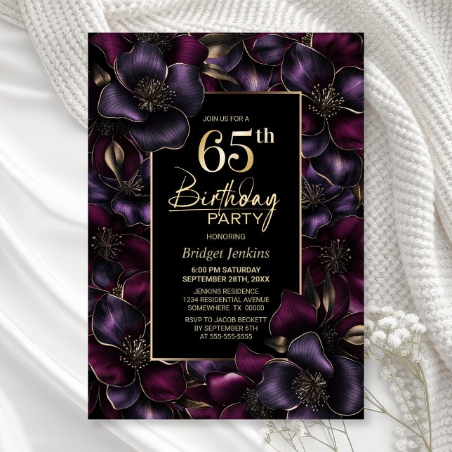 Invitación Fiesta de cumpleaños número 65 de Morado y Floral  (Subido por el creador)