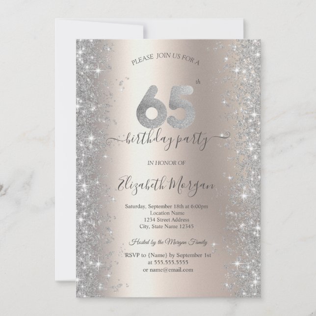 Invitación Fiesta de cumpleaños número 65 de Silver Sparkle D (Anverso)