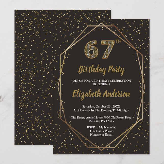 Invitación Fiesta de cumpleaños número 67 Glam Black Gold (Anverso / Reverso)