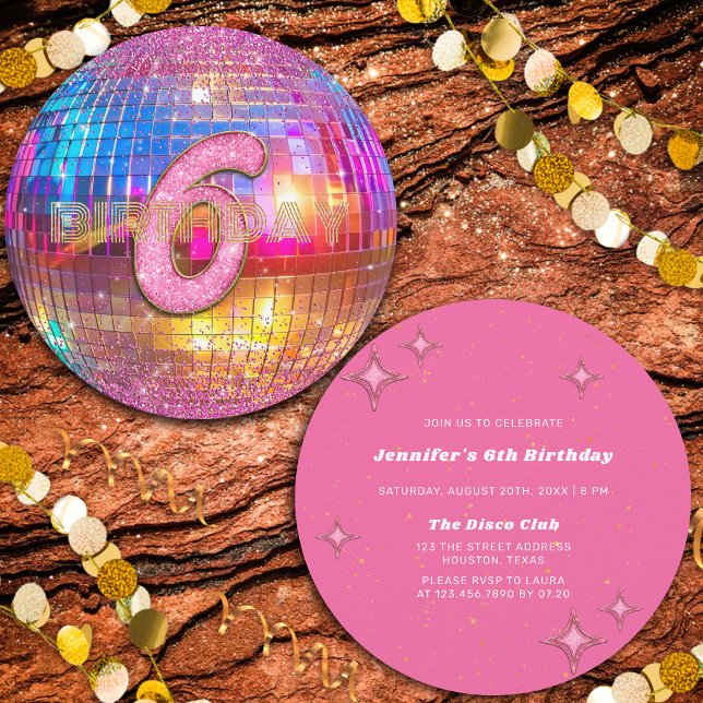 Invitación Fiesta de cumpleaños número 6 Bola de discoteca co (Subido por el creador)