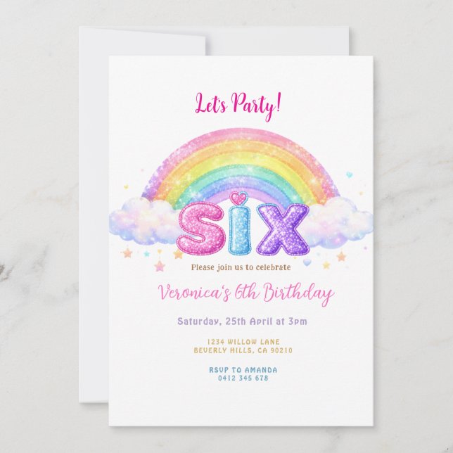 Invitación Fiesta de cumpleaños número 6 Cloud and Rainbow  (Anverso)