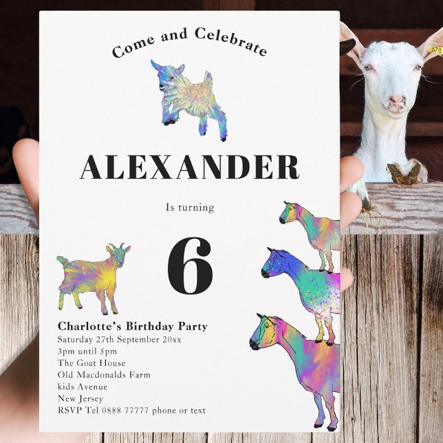 Invitación Fiesta de cumpleaños número 6 con tema de cabra (Cute goats colorful watercolor farm animal art 6th birthday party invitation)