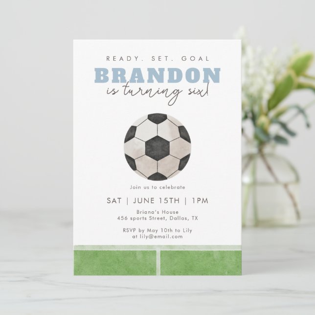 Invitación Fiesta de cumpleaños número 6 de fútbol azul para  (Anverso de pie)