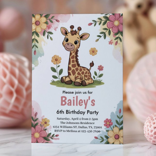 Invitación Fiesta de cumpleaños número 6 infantil jirafa flor (Subido por el creador)