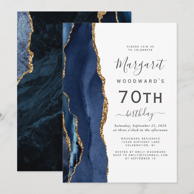 Invitación Fiesta de Cumpleaños número 70 Ágata Dorada Azul M (Anverso / Reverso)