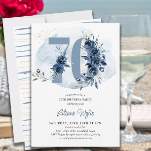 Invitación Fiesta de cumpleaños número 70 azul costero floral