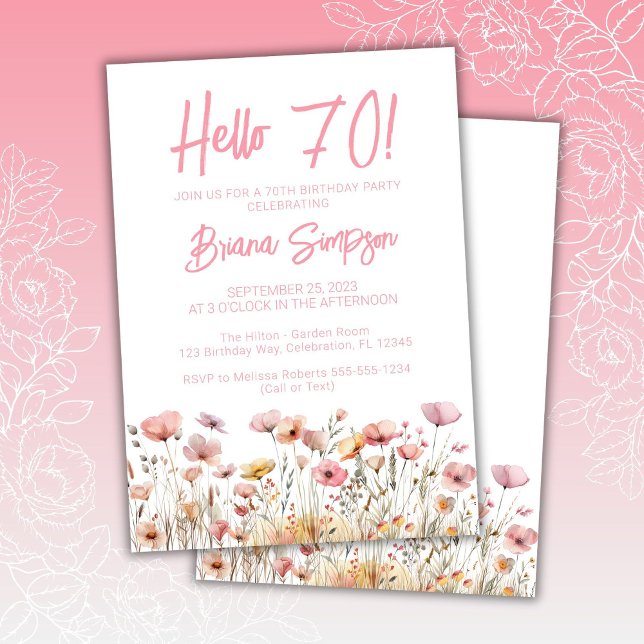 Invitación Fiesta de cumpleaños número 70 con flores rosadas (Subido por el creador)