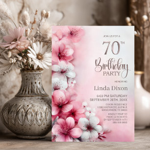 Invitación Fiesta de cumpleaños número 70 con flores rosas y