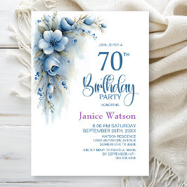 Invitación Fiesta de cumpleaños número 70 con tema floral azu