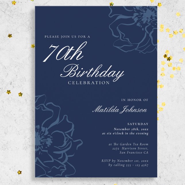 Invitación Fiesta de cumpleaños número 70 de Blue Floral (Blue Floral 70th Birthday Party Invitation)