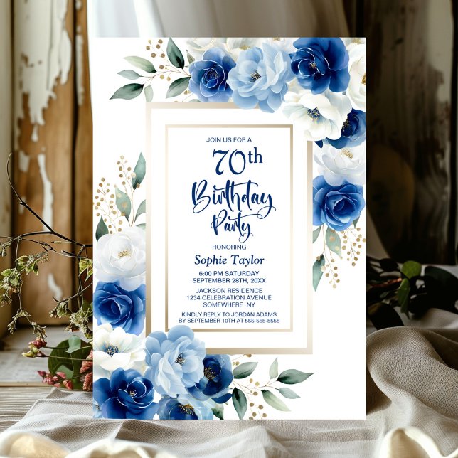 Invitación Fiesta de cumpleaños número 70 de Blue Floral (Subido por el creador)
