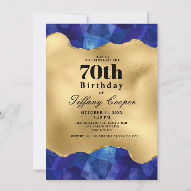 Invitación Fiesta de cumpleaños número 70 de Gold Blue (Anverso)