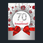 Invitación Fiesta de cumpleaños número 70 de las mujeres rojo<br><div class="desc">Invitación de la mujer a la fiesta de cumpleaños 70 en rojo y plateado con puntos purpurinas rojos y plateados y ráfagas de estrellas. Esta hermosa invitación de cumpleaños roja y plateada se personaliza fácilmente para tu evento simplemente agregando tus detalles en el estilo de letra, color y texto de...</div>