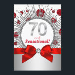 Invitación Fiesta de cumpleaños número 70 de las mujeres rojo<br><div class="desc">Invitación de la mujer a la fiesta de cumpleaños 70 en rojo y plateado con puntos purpurinas rojos y plateados y ráfagas de estrellas. Esta hermosa invitación de cumpleaños roja y plateada se personaliza fácilmente para tu evento simplemente agregando tus detalles en el estilo de letra, color y texto de...</div>