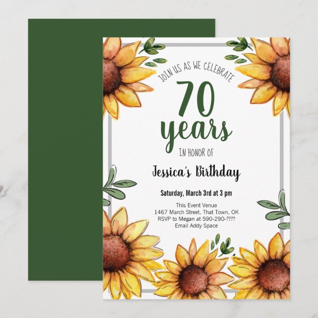 Invitación Fiesta de cumpleaños número 70 de los girasoles ru (Anverso / Reverso)