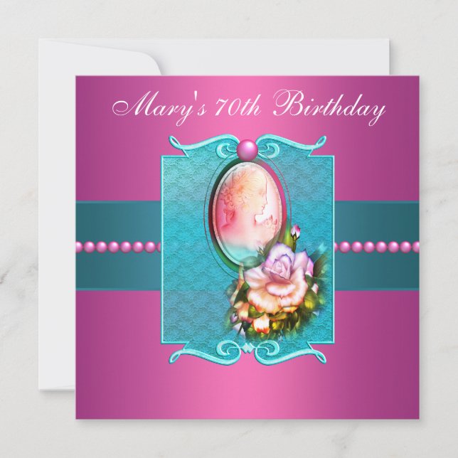 Invitación Fiesta de cumpleaños número 70 de mujer con camafe (Anverso)