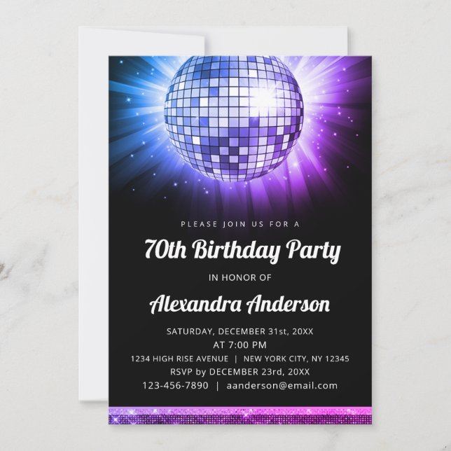 Invitación Fiesta de cumpleaños número 70 de Purple 70th Disc (Anverso)