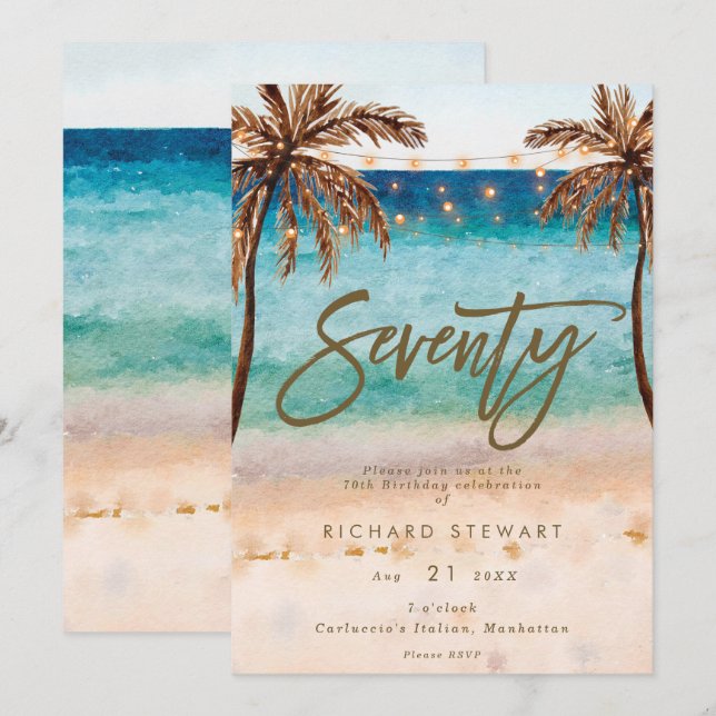 Invitación fiesta de cumpleaños número 70 en playa tropical (Anverso / Reverso)