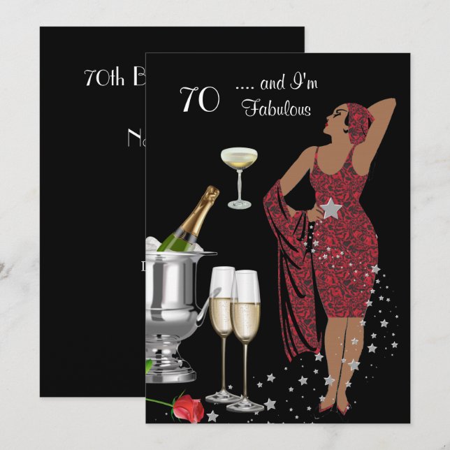 Invitación Fiesta de cumpleaños número 70 Retro Diva Art Deco (Anverso / Reverso)