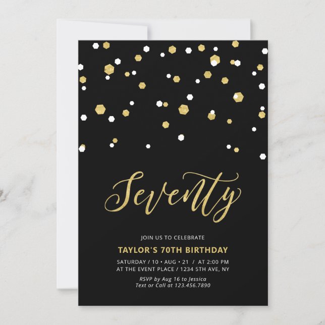 Invitación Fiesta de cumpleaños número 70 Simple Negro y Dora (Anverso)